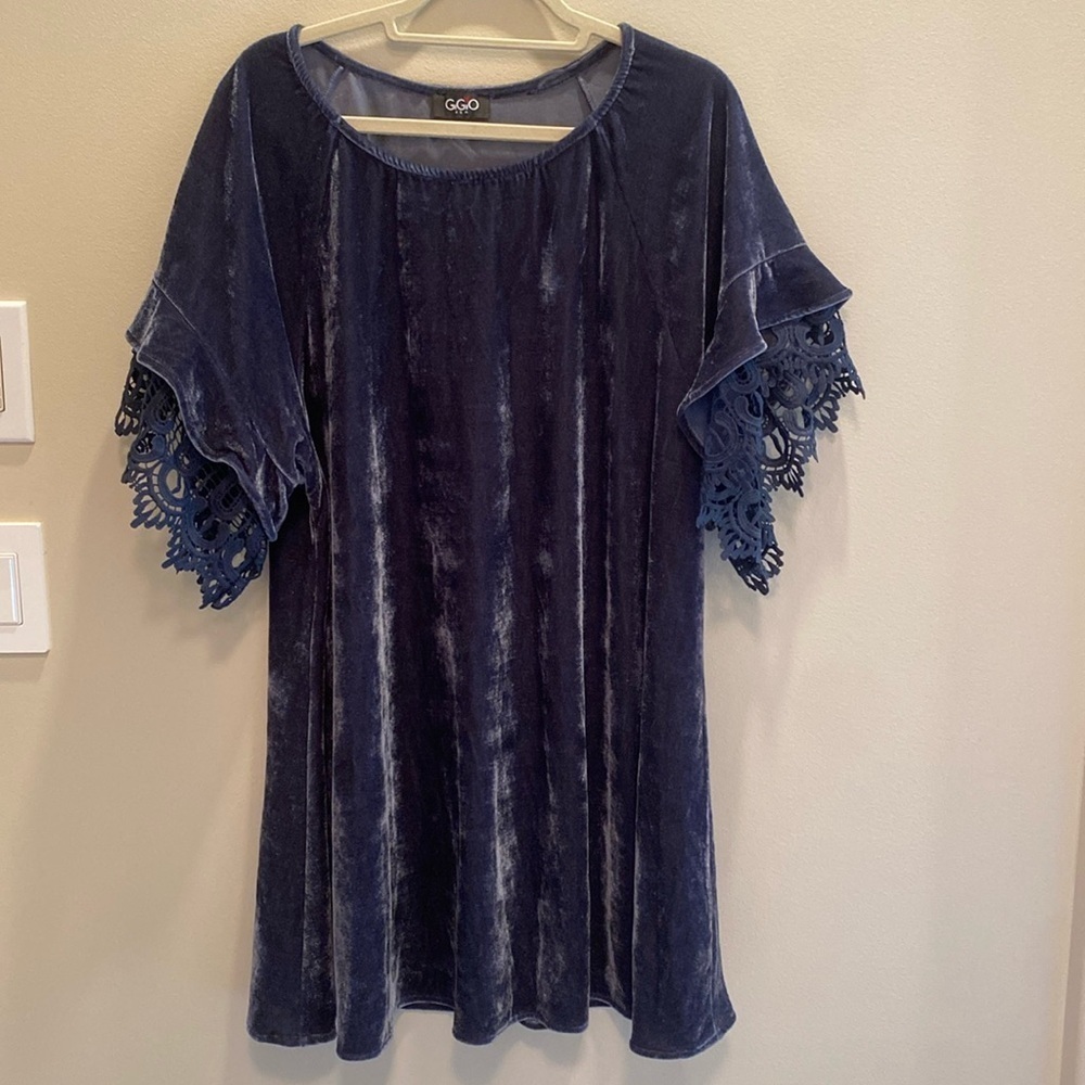 GiGio USA Indigo Blue Crushed Velvet Lace Trim Sleeve Short Shift Tunic LARGE